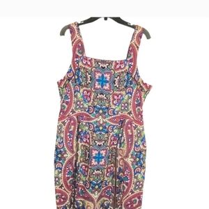 Land's End / Pink Blue Midi Sheath Dress with Square Neck and Sleeveless Design